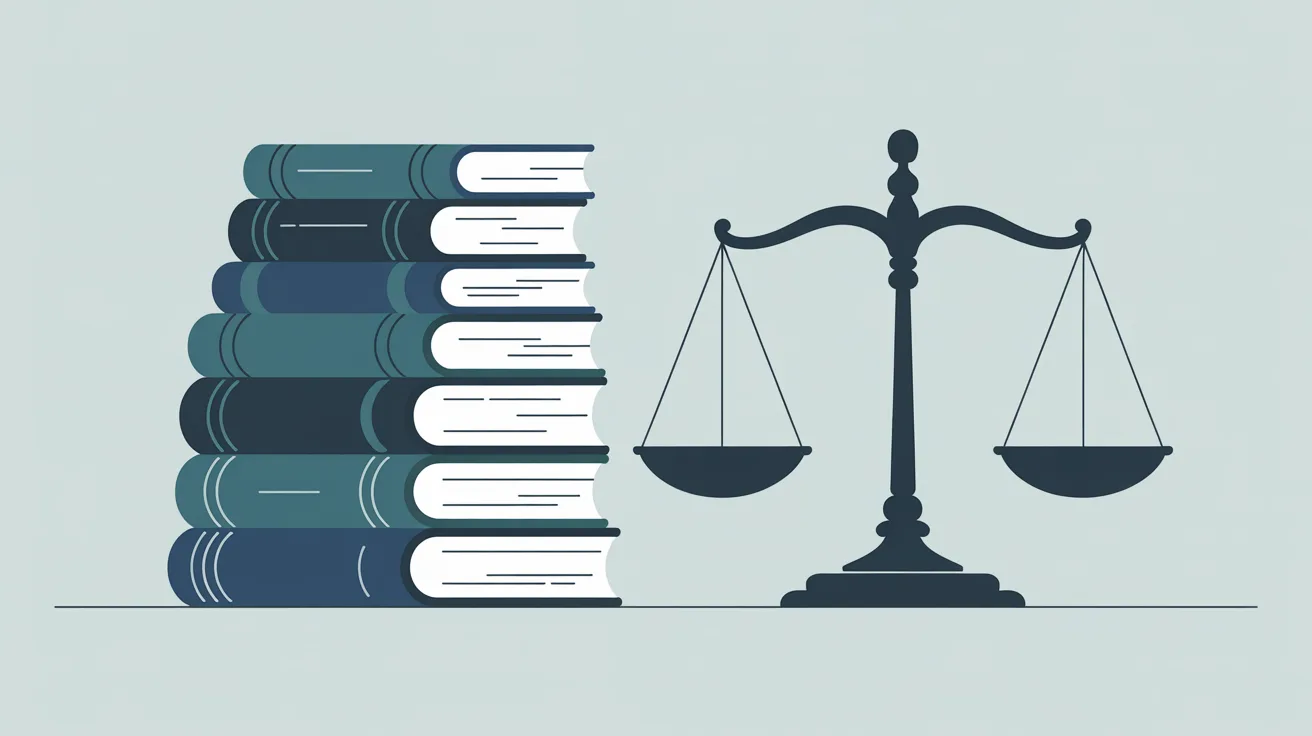 Illustration eines Bücherstapels neben einer Waage der Justiz
