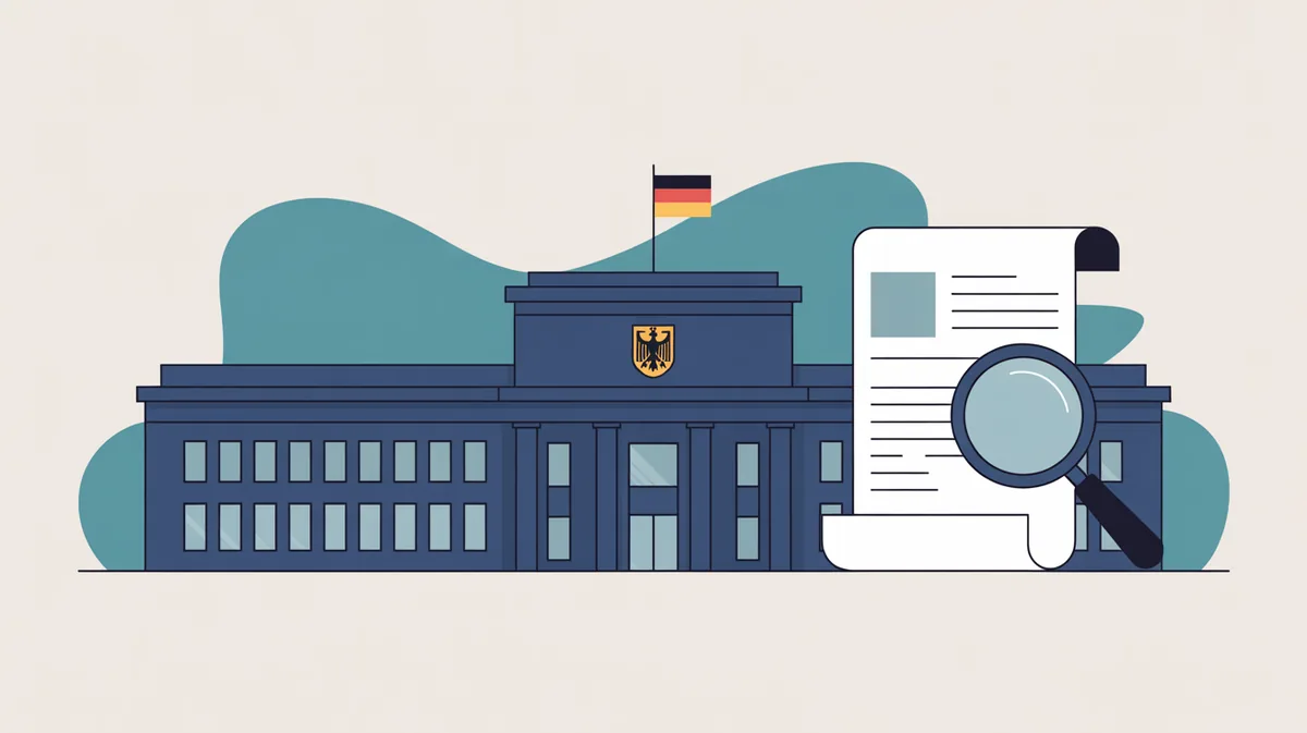 Sachliche Illustration eines Behördengebäudes mit einem stilisierten Schild-Symbol und einem Formular davor, als Zeichen für Aufsicht und Anlaufstelle