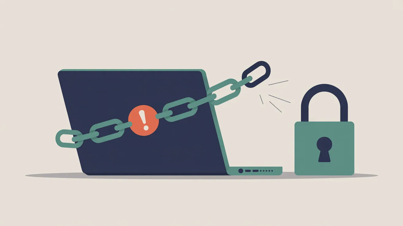 Illustration eines Laptops mit Warnsymbol, gerissener Kette und offenem Schloss
