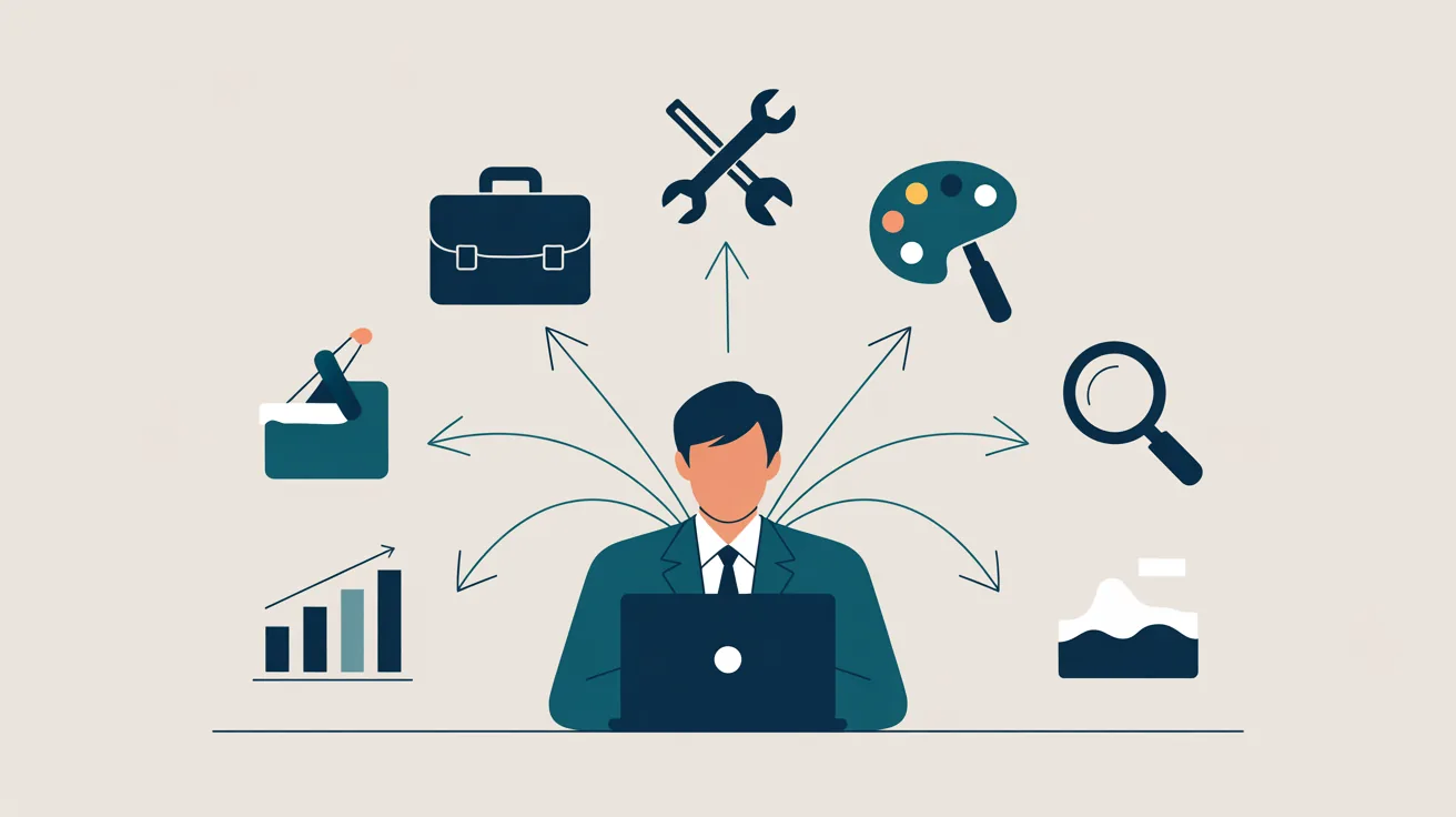 Illustration einer Person am Laptop, umgeben von Berufs-Symbolen, die über Pfeile mit ihr verbunden sind