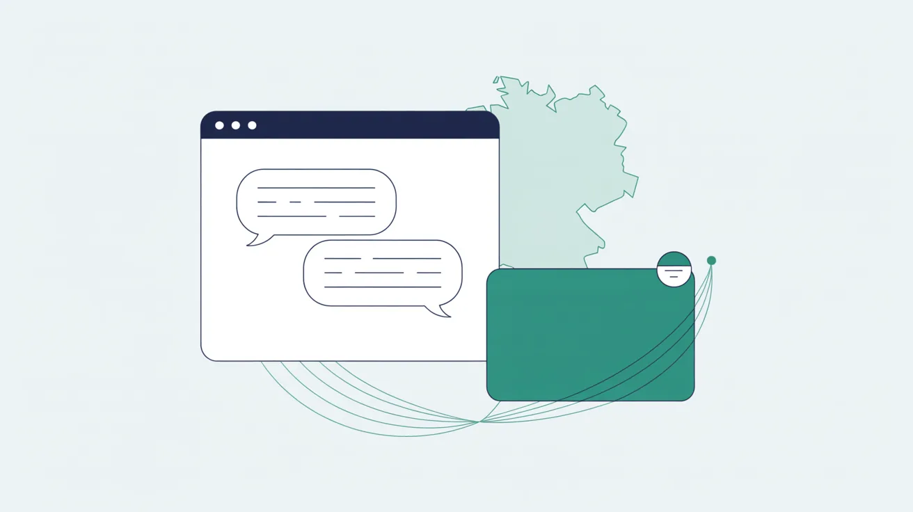 Sachliche Illustration eines ChatGPT-Fensters mit einem abgesetzten, als Werbung markierten Kasten, im Hintergrund eine angedeutete Landkarte von Deutschland und Österreich