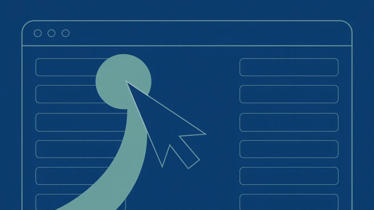 Sachliche Illustration eines Browserfensters, in dem ein leuchtender Assistenten-Punkt einen Mauszeiger über Formularfelder und Links führt, in Navy und Teal