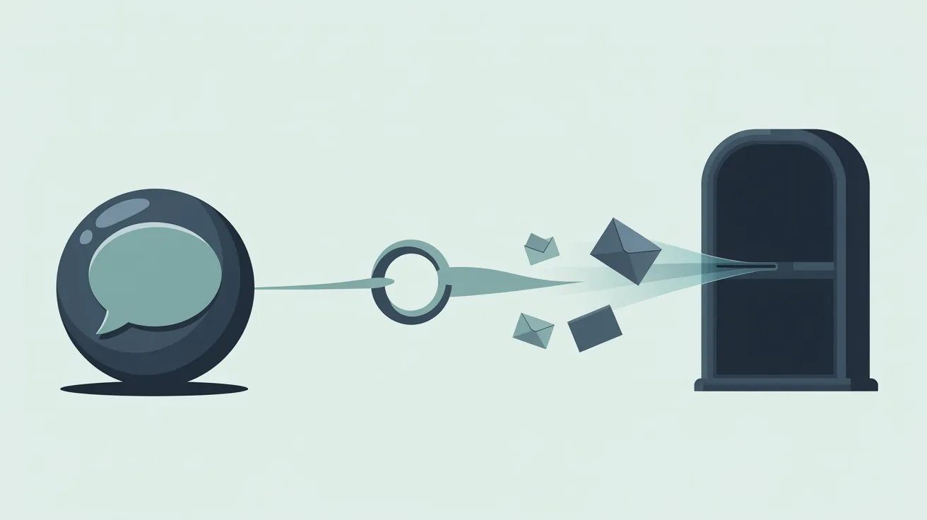 Sachliche Illustration eines Chat-Assistenten-Symbols, aus dem nach einem Klick auf einen Link ein Datenstrom zu einem fremden Server abfließt, in Navy und Teal