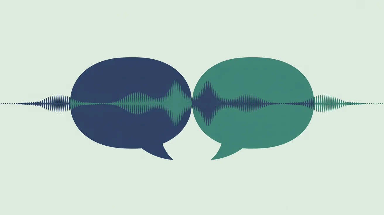 Sachliche Illustration zweier Sprechblasen in Navy und Teal, zwischen denen eine Schallwelle in eine zweite Sprache übergeht