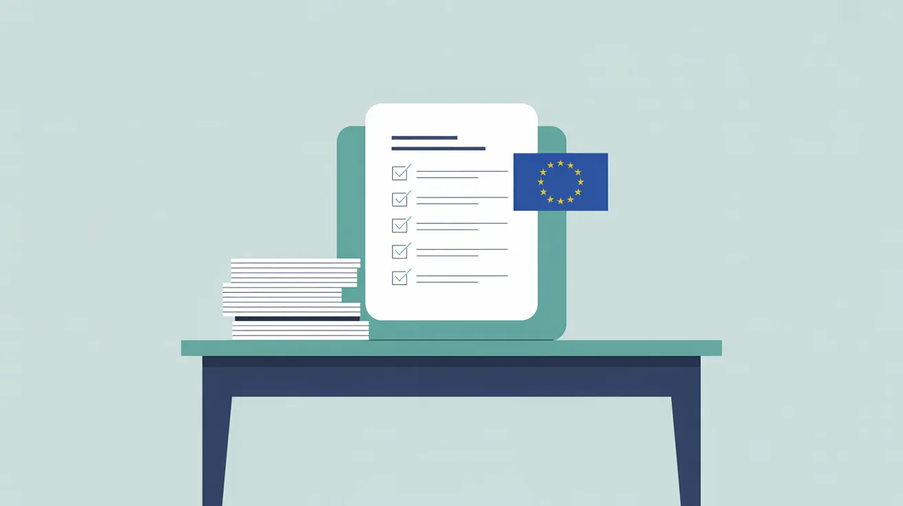Illustration eines Schreibtischs mit Checklisten-Dokument und EU-Flagge