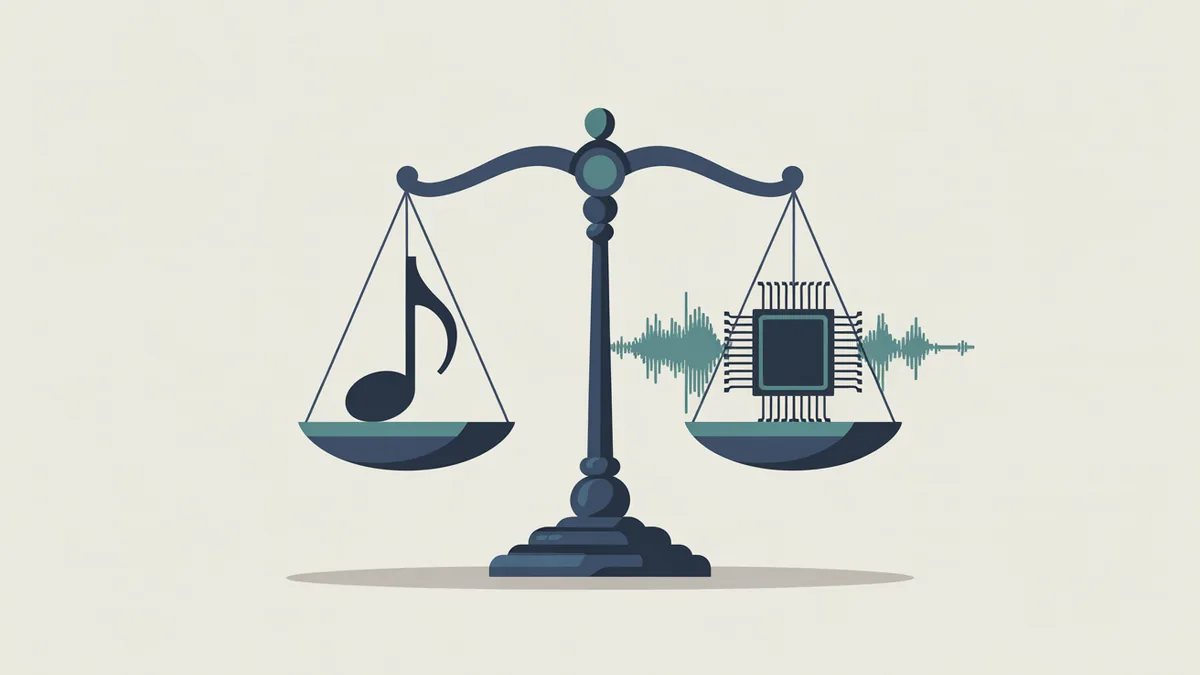 Sachliche Illustration einer Waage der Justiz, auf der eine Musiknote und ein digitales Schallwellen-Symbol gegeneinander abgewogen werden