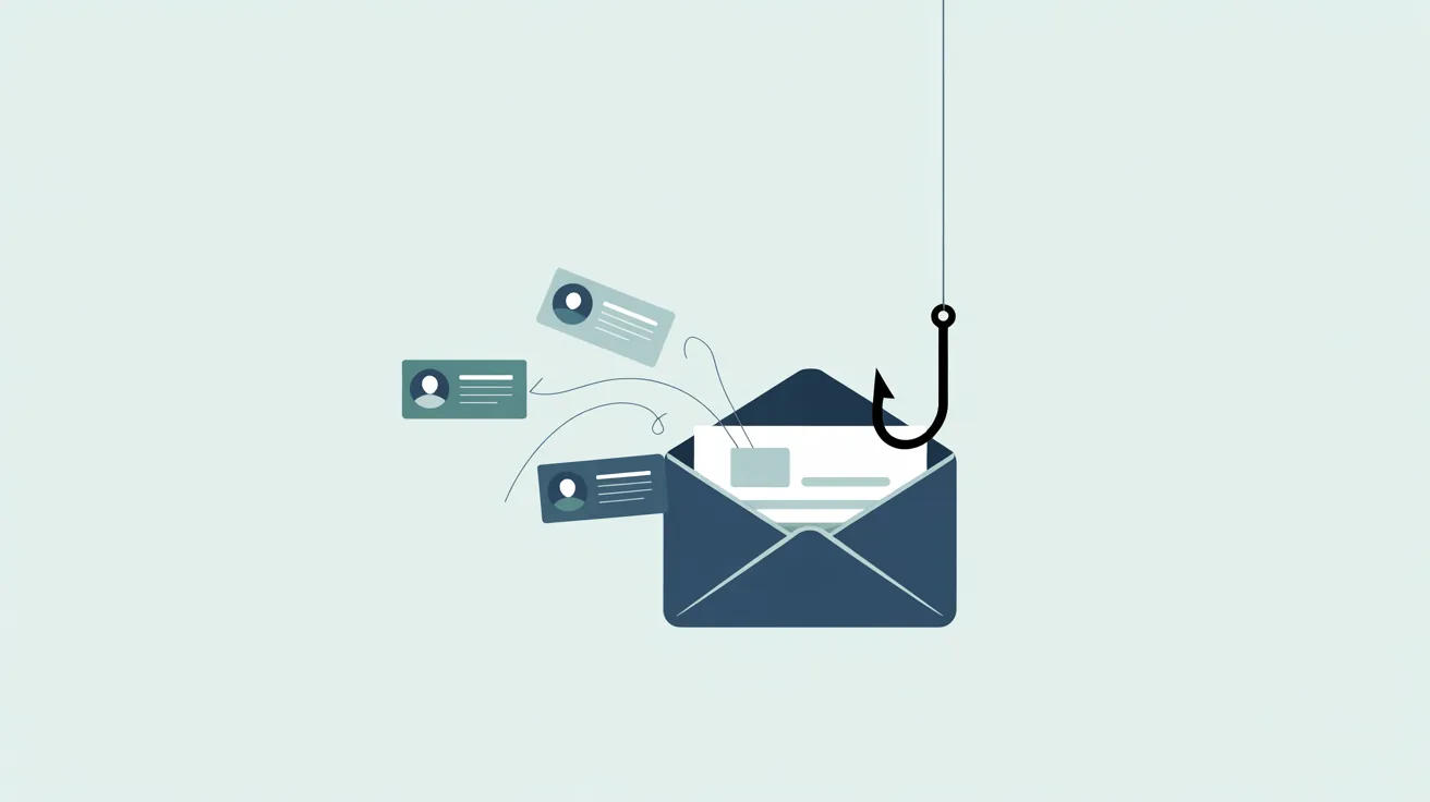 Sachliche Illustration eines E-Mail-Symbols an einem Angelhaken, in das kleine persönliche Datenfragmente wie ein Namensschild und eine Ortsmarke einfließen