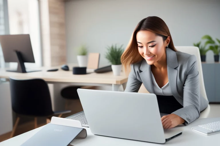 Illustration einer Business-Frau, die mit KI am Laptop arbeitet