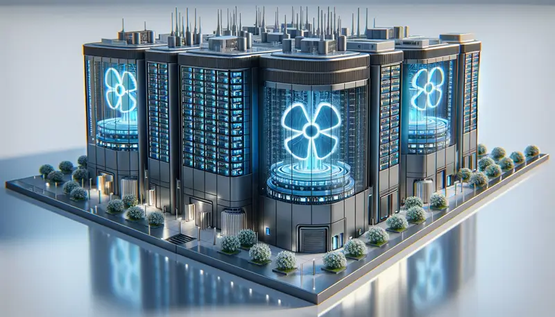 Futuristisches Datenzentrum mit kleinen modularen Reaktoren, symbolisiert Innovation in der Energieversorgungstechnologie.