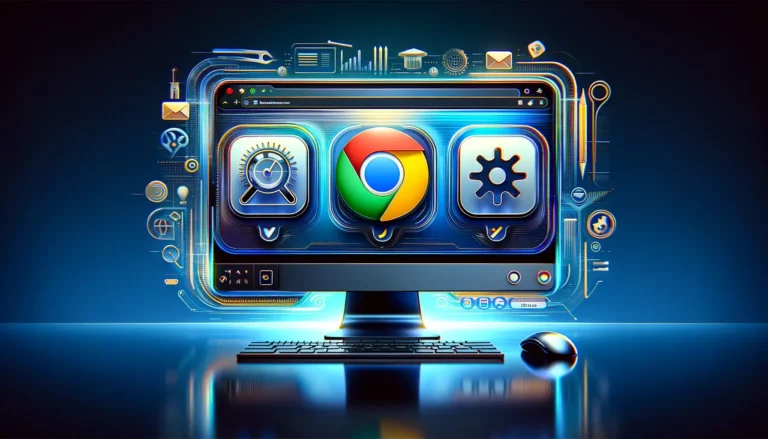 Moderne Computerarbeitsplatz-Darstellung mit geöffnetem Chrome-Browser, in dem drei kreative Icons für neue KI-Funktionen – Tab-Organizer, Theme-Customizer und Schreibhilfe – abgebildet sind, vor einem technisch inspirierten, abstrakten Hintergrund.