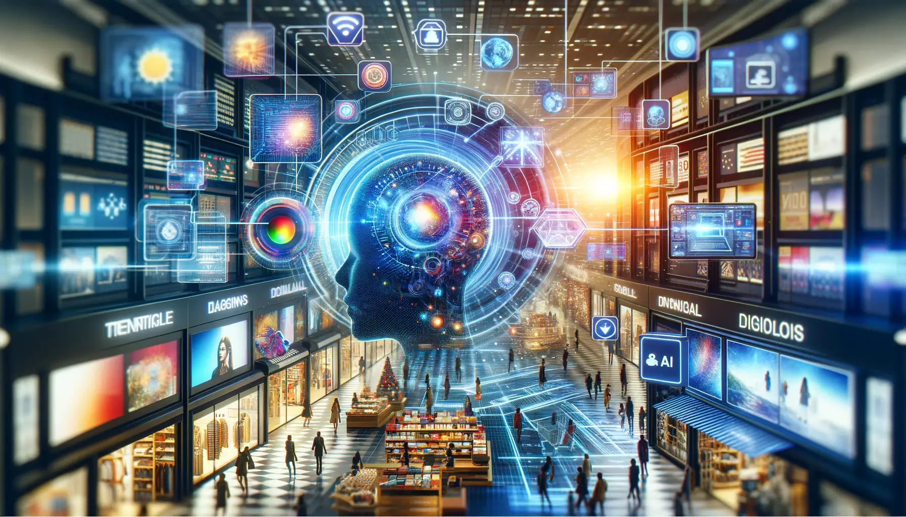 Abbildung einer dynamischen und farbenfrohen Szenerie, die die Innovation der KI-Technologie im Bereich der Einzelhandelswerbung symbolisiert, mit digitalen Bannern und interaktiven Technologie-Interfaces in einer lebendigen Handelsumgebung.