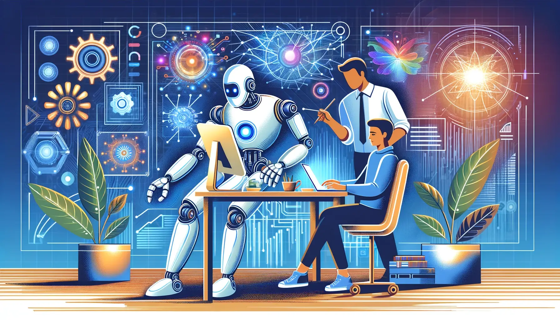 Abbildung eines humanoiden Roboters und eines Menschen, die in einem futuristischen Büro harmonisch zusammenarbeiten, umgeben von moderner Technologie