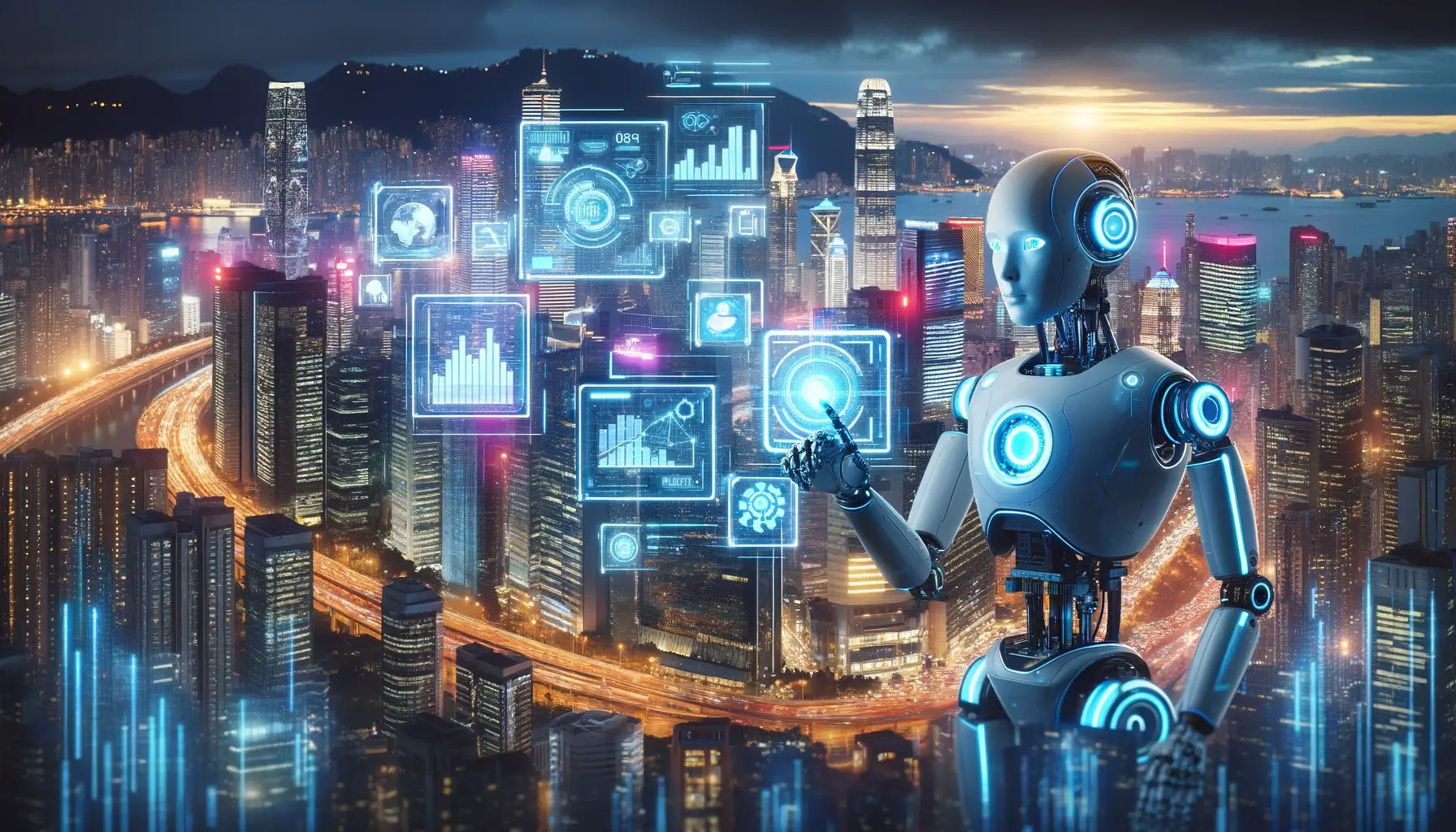 uturistische Stadtsilhouette bei Dämmerung, beleuchtet von Neonlichtern, mit einem modernen AI-Roboter, der mit einer holographischen Schnittstelle interagiert, die fortschrittliche Technologien und Diagramme anzeigt.