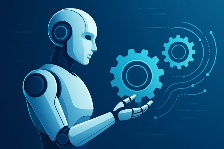 Beitragsbild: Futuristischer Roboter mit Zahnrädern als Symbol für Automatisierung durch agentische KI