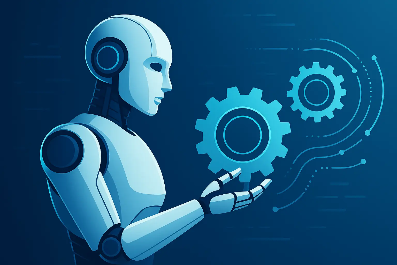 Beitragsbild: Futuristischer Roboter mit Zahnrädern als Symbol für Automatisierung durch agentische KI
