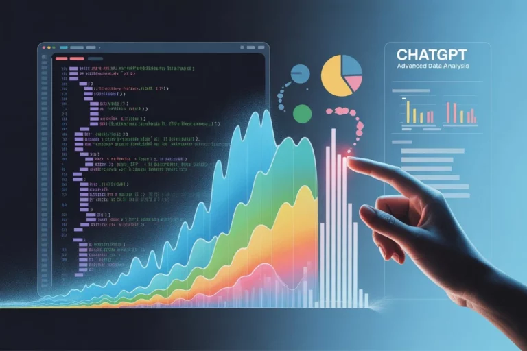 Visualisierung von ChatGPT Advanced Data Analysis: Eine Hand interagiert mit farbigen Diagrammen und Datencharts, die aus Python-Code generiert werden. Im Hintergrund ist das ChatGPT-Logo und der Schriftzug "Advanced Data Analysis" zu sehen. Das Bild symbolisiert KI-gestützte Datenanalyse ohne Programmierkenntnisse.