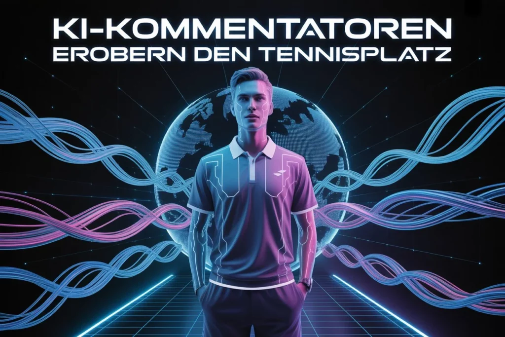 Futuristisches Poster mit KI-Kommentator auf dem Tennisplatz, digitale Visualisierung mit leuchtenden Linien und Weltkugel im Hintergrund, Symbol für künstliche Intelligenz im Sport.