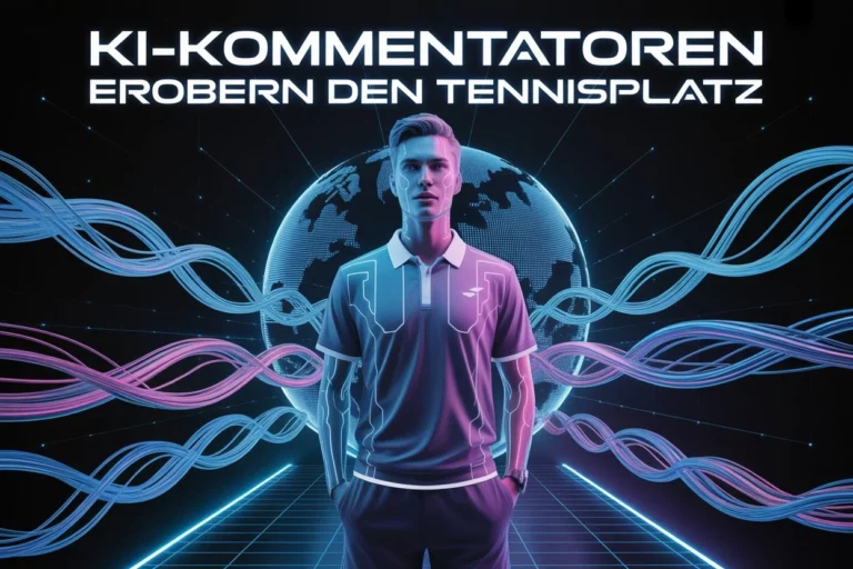 Futuristisches Poster mit KI-Kommentator auf dem Tennisplatz, digitale Visualisierung mit leuchtenden Linien und Weltkugel im Hintergrund, Symbol für künstliche Intelligenz im Sport.
