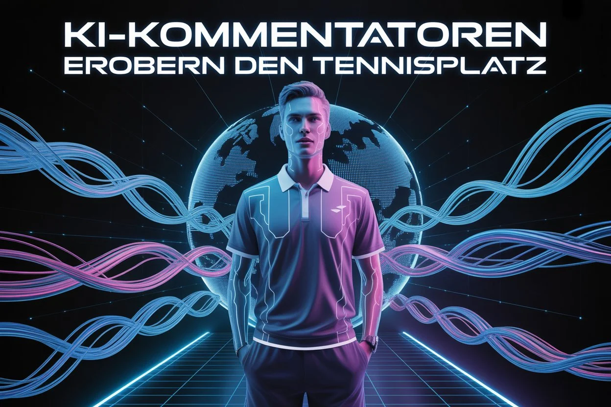 Futuristisches Poster mit KI-Kommentator auf dem Tennisplatz, digitale Visualisierung mit leuchtenden Linien und Weltkugel im Hintergrund, Symbol für künstliche Intelligenz im Sport.